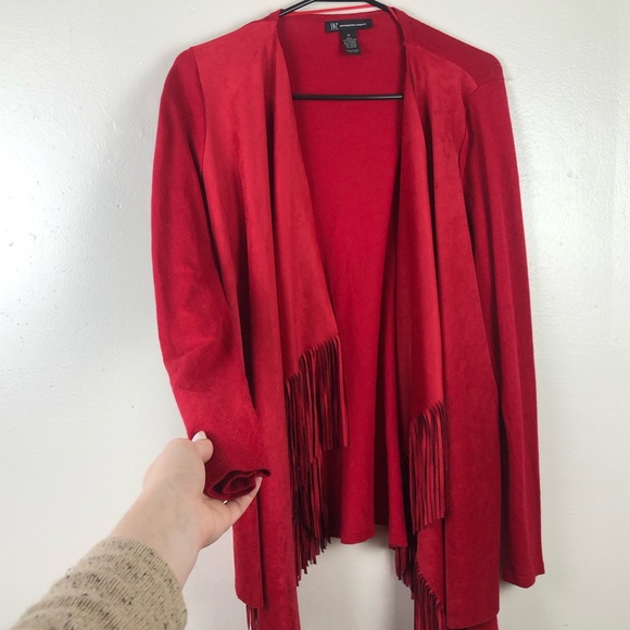 I.N.C International Concepts Red Sweater with Faux Suede Panels and Fringe - Picture 2 of 5